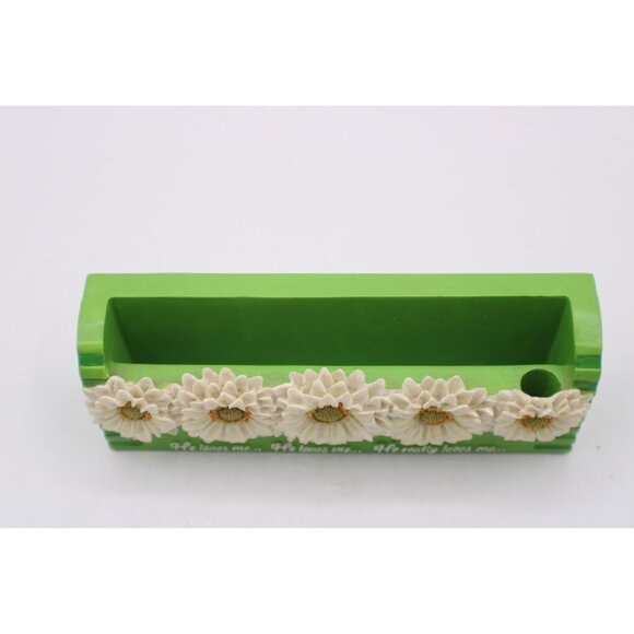 Green Notepad & Pen Holder White Daisy Design "He Loves Me" Text Girls Tween Vtg - Picture 4 of 8